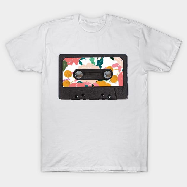 Vintage Audio Tape Floral Pattern T-Shirt by CocoFlower